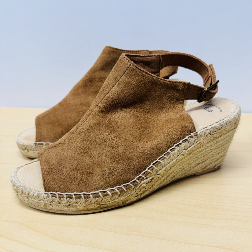 Gap Suede Espadrille Sandals, Size 7, Camel Brown Peep Toe Slingback Wedges